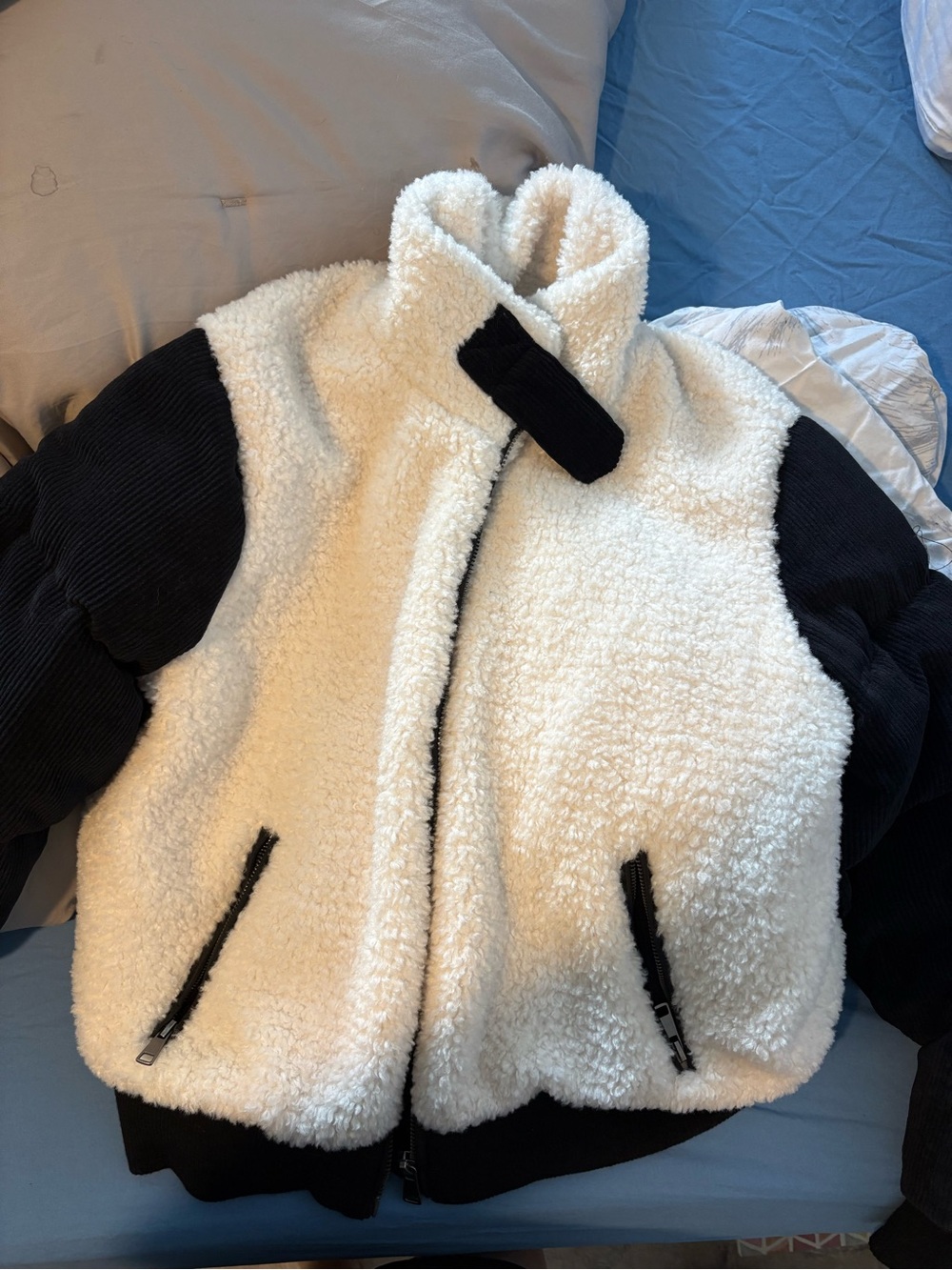 Cream Sherpa Puffer Jacket with Black Accents